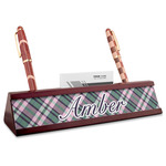 Plaid with Pop Red Mahogany Nameplate with Business Card Holder (Personalized)