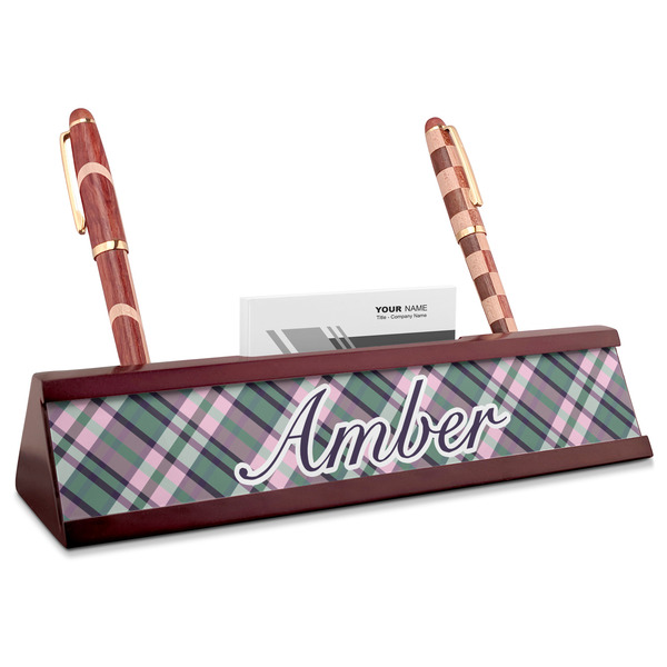 Custom Plaid with Pop Red Mahogany Nameplate with Business Card Holder (Personalized)