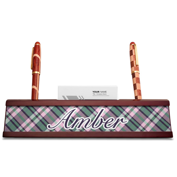 Plaid with Pop Red Mahogany Nameplates with Business Card Holder - Straight