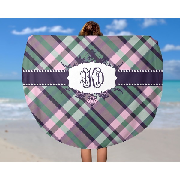Plaid with Pop Round Beach Towel - In Use