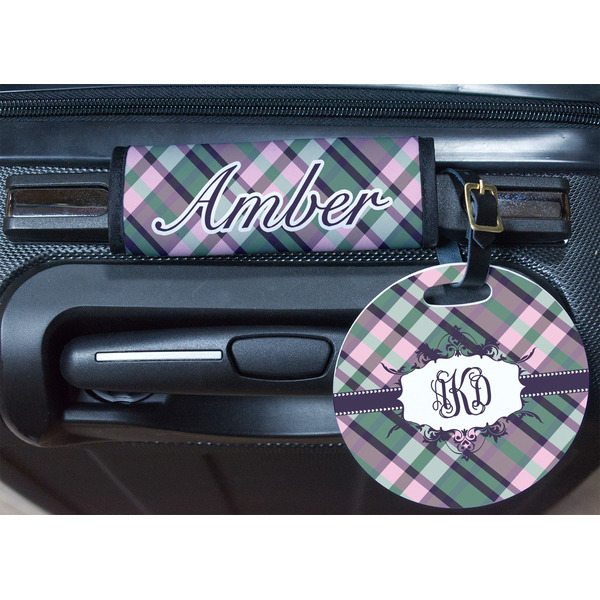 Plaid with Pop Round Luggage Tag & Handle Wrap - In Context