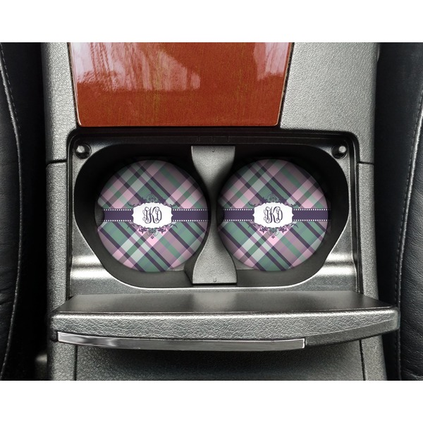 Plaid with Pop Sandstone Car Coaster - In Cup Holder