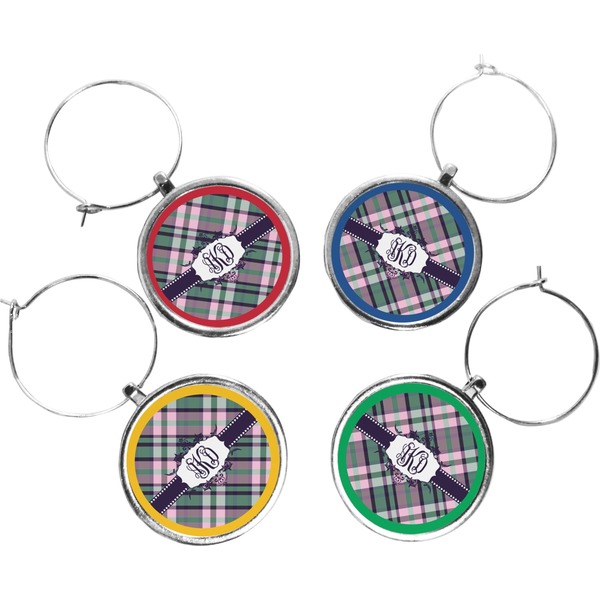 Custom Plaid with Pop Wine Charms (Set of 4) (Personalized)