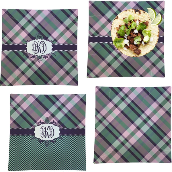 Custom Plaid with Pop Set of 4 Glass Square Lunch / Dinner Plate 9.5" (Personalized)