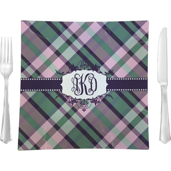 Custom Plaid with Pop 9.5" Glass Square Lunch / Dinner Plate- Single or Set of 4 (Personalized)
