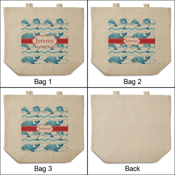 Dolphins 3 Reusable Cotton Grocery Bags - Front & Back View