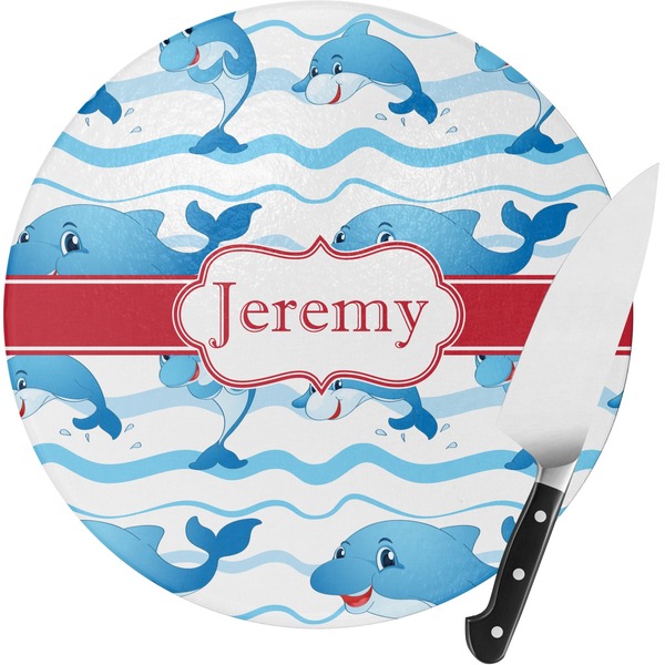 Custom Dolphins Round Glass Cutting Board - Small (Personalized)