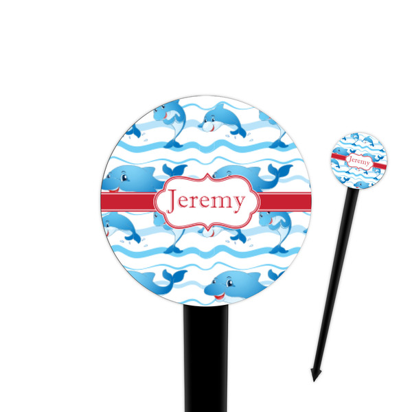 Custom Dolphins 4" Round Plastic Food Picks - Black - Single Sided (Personalized)