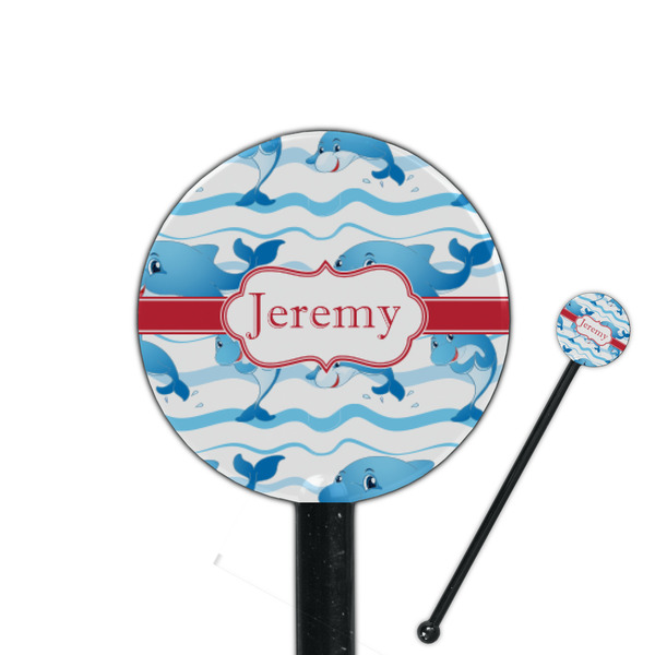 Custom Dolphins 5.5" Round Plastic Stir Sticks - Black - Single Sided (Personalized)