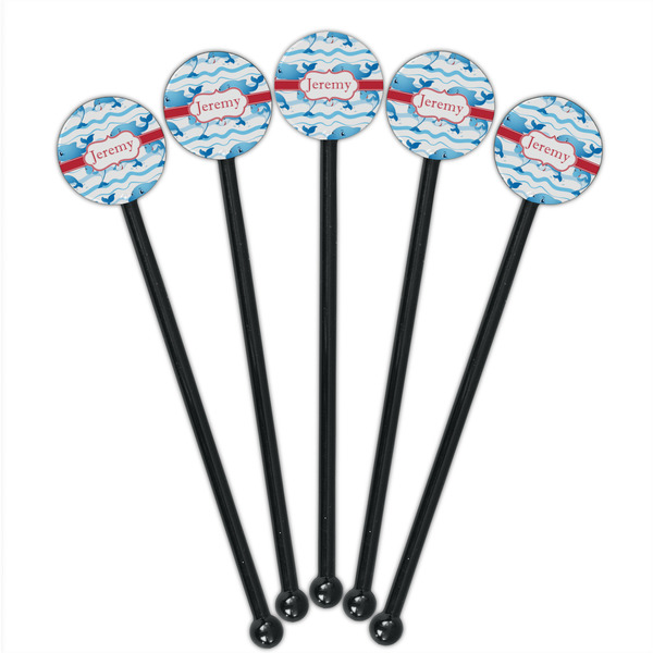 Dolphins Black Plastic 5.5" Stir Stick - Round - Fan View