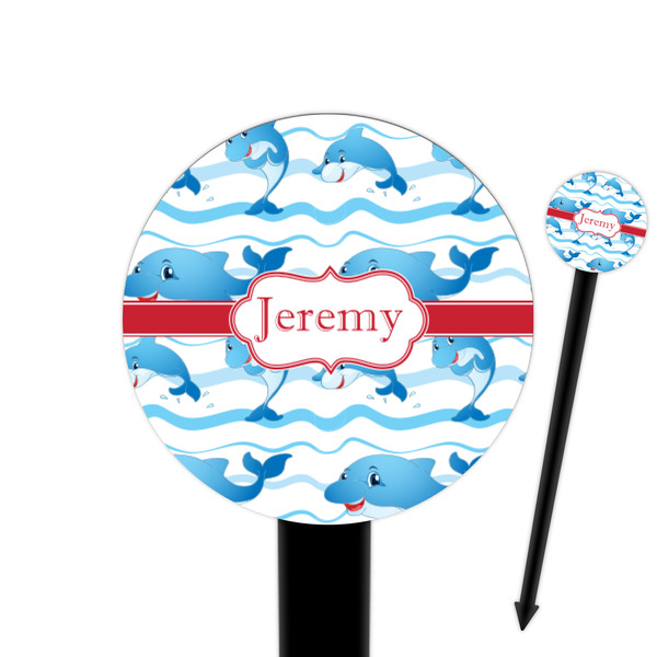 Custom Dolphins 6" Round Plastic Food Picks - Black - Double Sided (Personalized)
