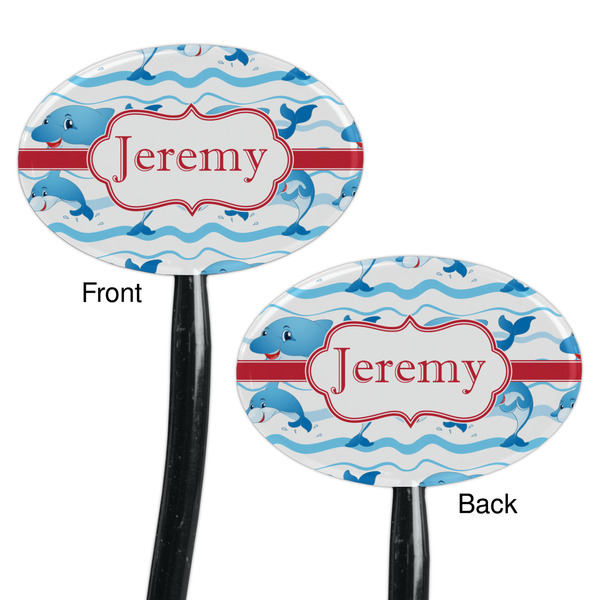 Dolphins Black Plastic 7" Stir Stick - Double Sided - Oval - Front & Back