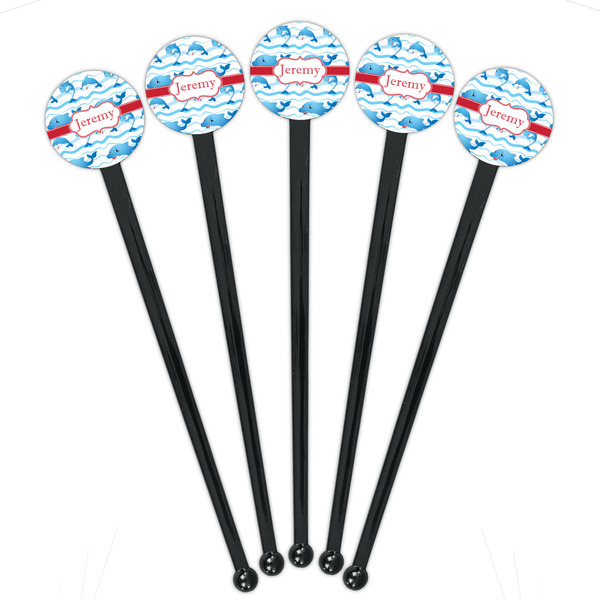 Dolphins Black Plastic 7" Stir Stick - Round - Fan View