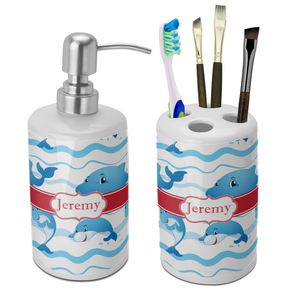 Custom Dolphins Ceramic Bathroom Accessories Set (Personalized)