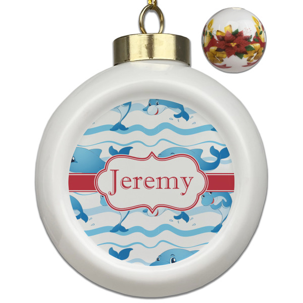 Custom Dolphins Ceramic Ball Ornaments - Poinsettia Garland (Personalized)
