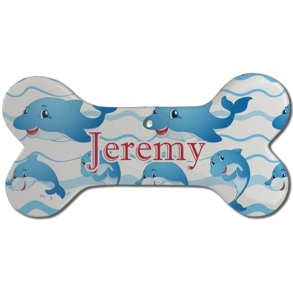 Custom Dolphins Ceramic Dog Ornament - Front w/ Name or Text