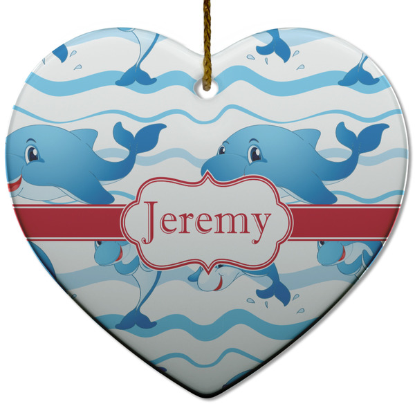 Custom Dolphins Heart Ceramic Ornament w/ Name or Text