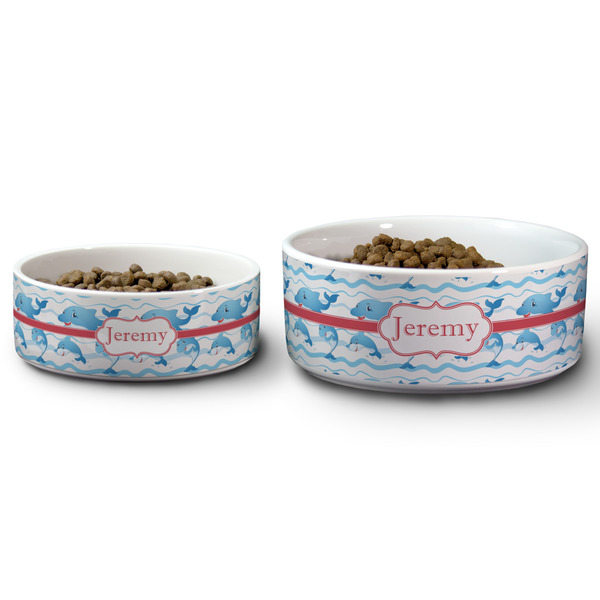 Dolphins Ceramic Dog Bowls - Size Comparison