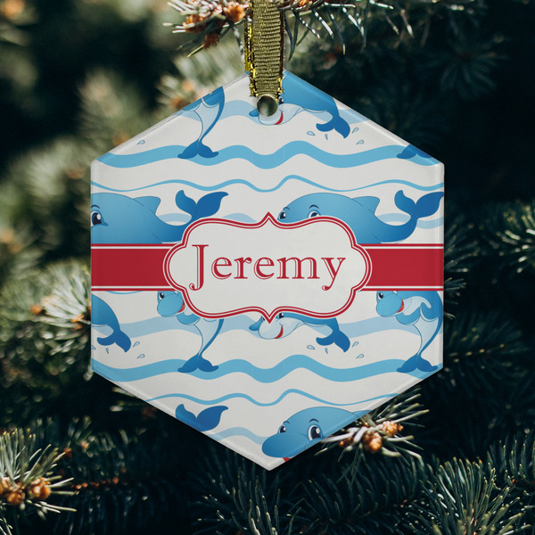 Dolphins Frosted Glass Ornament - Hexagon (Lifestyle)