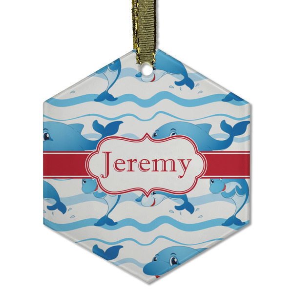 Custom Dolphins Flat Glass Ornament - Hexagon w/ Name or Text