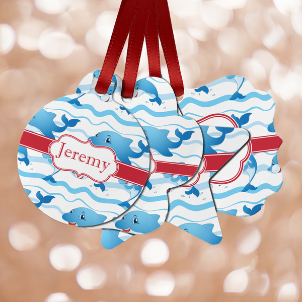 Custom Dolphins Metal Ornaments - Double Sided w/ Name or Text
