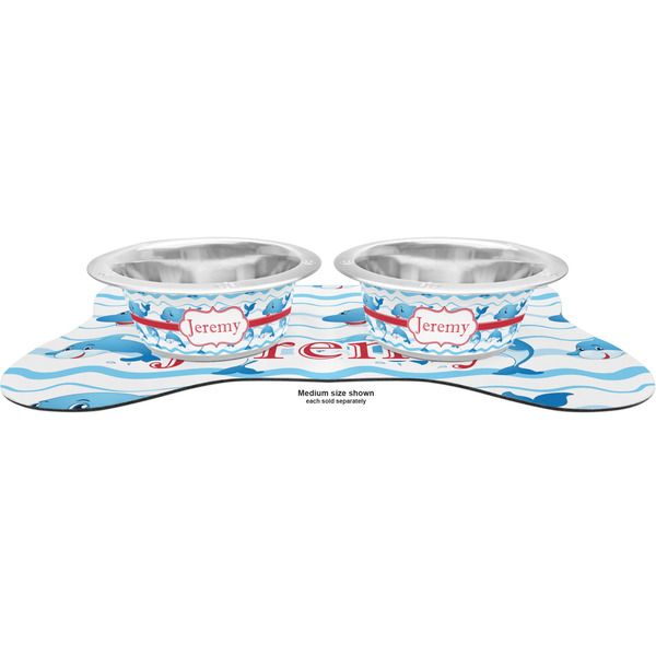 Dolphins Metal Pet Bowls - On Dog Bone Shaped Mat