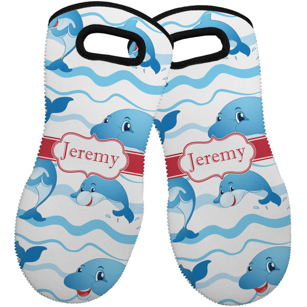 Custom Dolphins Neoprene Oven Mitts - Set of 2 w/ Name or Text