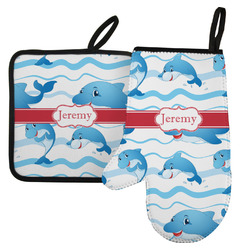 Dolphins Left Oven Mitt & Pot Holder Set w/ Name or Text