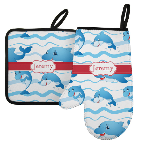 Custom Dolphins Left Oven Mitt & Pot Holder Set w/ Name or Text