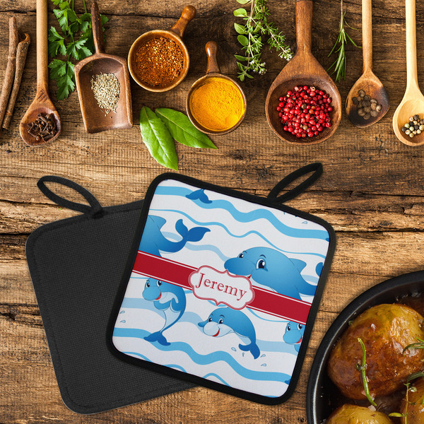 Dolphins Neoprene Pot Holder - Set of 2  LIFESTYLE (Flatlay)