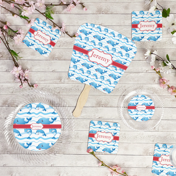 Dolphins Party Supplies Combination Image - All items - Plates, Coasters, Fans