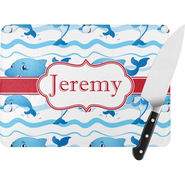 Custom Dolphins Rectangular Glass Cutting Board - Large - 15.25"x11.25" w/ Name or Text