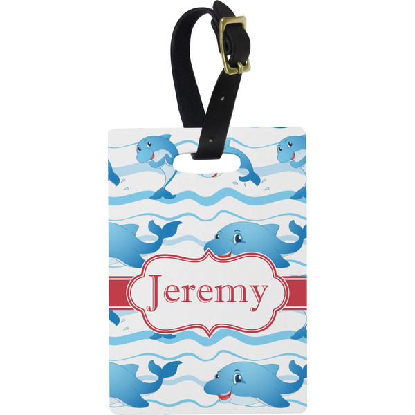 Custom Dolphins Plastic Luggage Tag - Rectangular w/ Name or Text