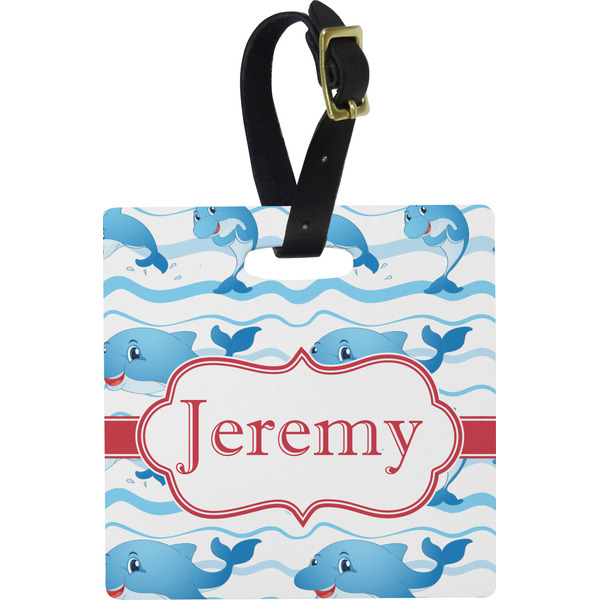 Custom Dolphins Plastic Luggage Tag - Square w/ Name or Text