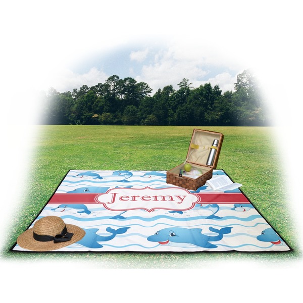 Dolphins Picnic Blanket - with Basket Hat and Book - in Use