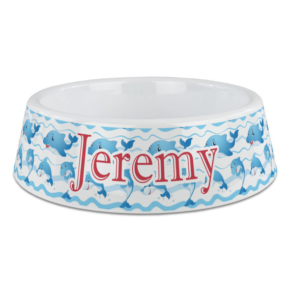 Custom Dolphins Plastic Dog Bowl - Large (Personalized)