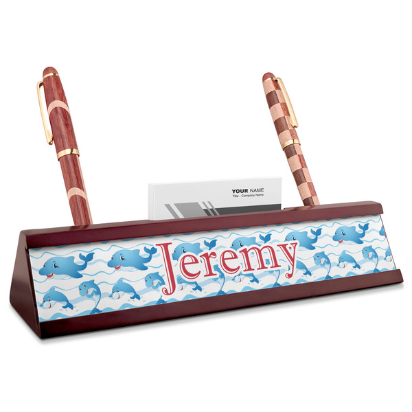 Custom Dolphins Red Mahogany Nameplate with Business Card Holder (Personalized)