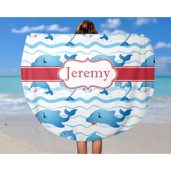 Dolphins Round Beach Towel - In Use