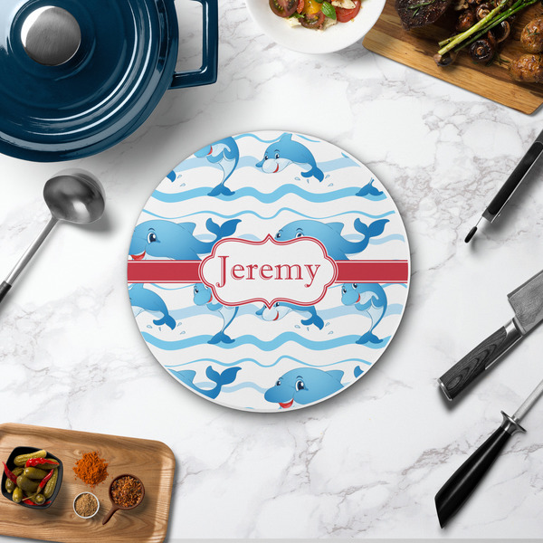 Dolphins Round Stone Trivet - In Context View
