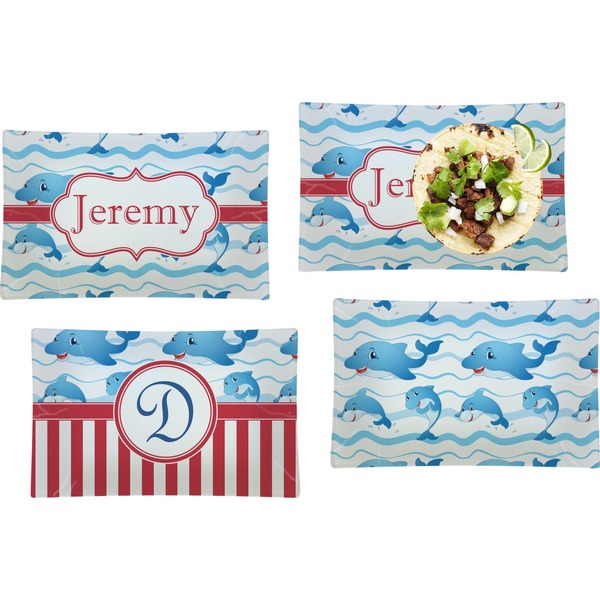 Custom Dolphins Set of 4 Glass Rectangular Lunch / Dinner Plate (Personalized)