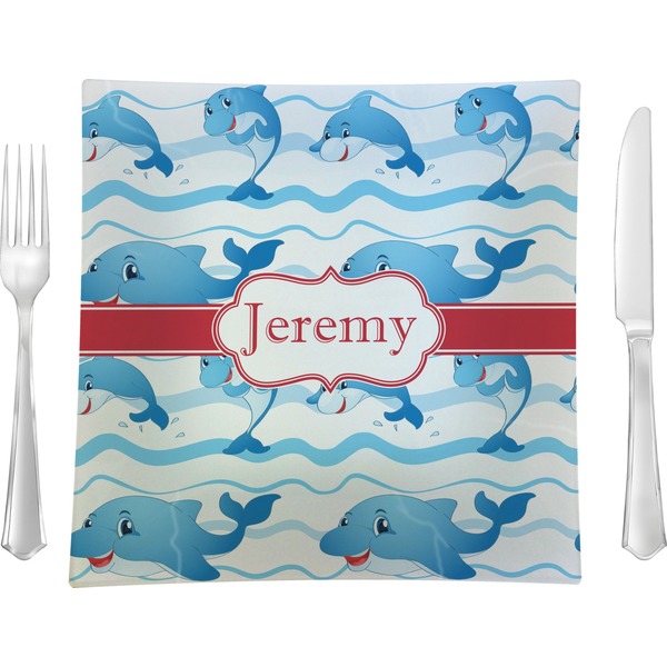 Custom Dolphins 9.5" Glass Square Lunch / Dinner Plate- Single or Set of 4 (Personalized)