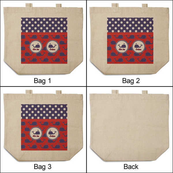 Whale 3 Reusable Cotton Grocery Bags - Front & Back View