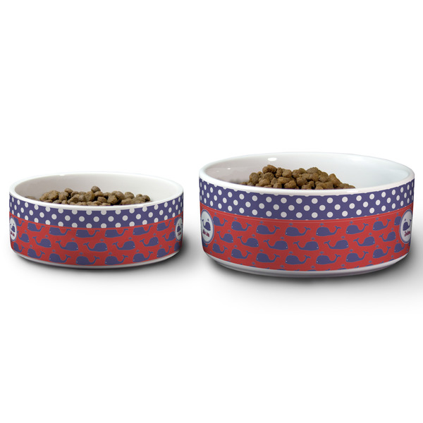 Whale Ceramic Dog Bowls - Size Comparison