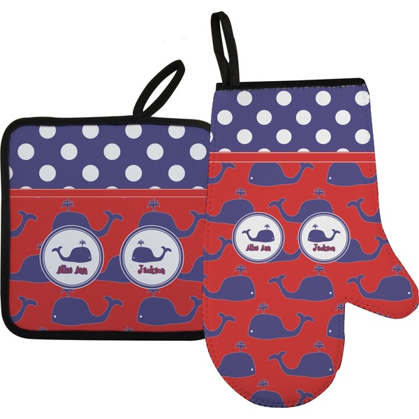 Custom Whale Right Oven Mitt & Pot Holder Set w/ Name or Text