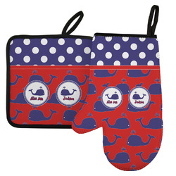 Whale Left Oven Mitt & Pot Holder Set w/ Name or Text