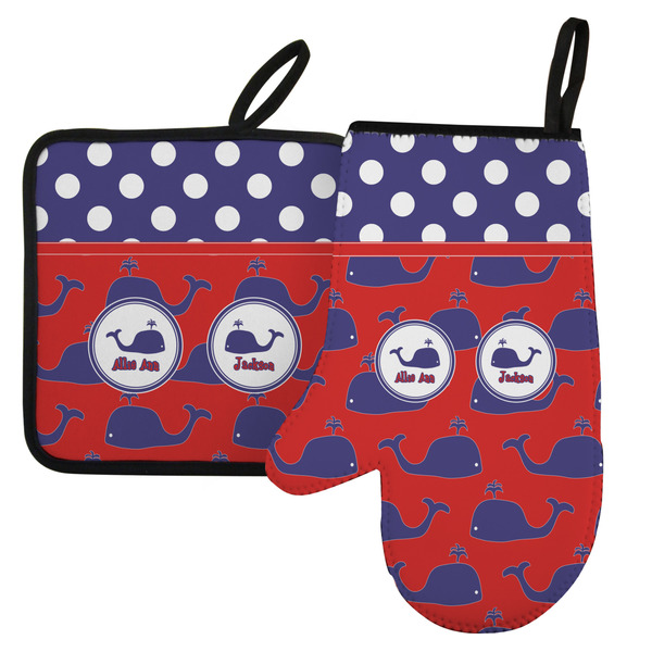 Custom Whale Left Oven Mitt & Pot Holder Set w/ Name or Text