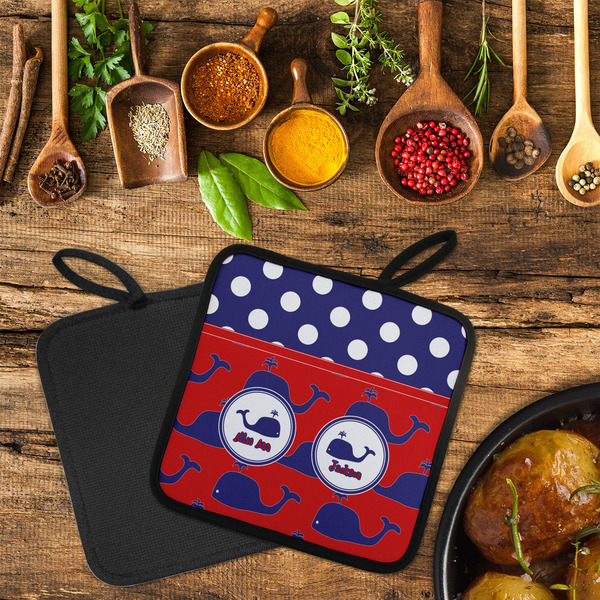 Whale Neoprene Pot Holder - Set of 2  LIFESTYLE (Flatlay)