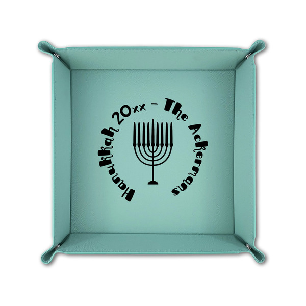 Hanukkah 6" x 6" Teal Leatherette Snap Up Tray - FOLDED UP