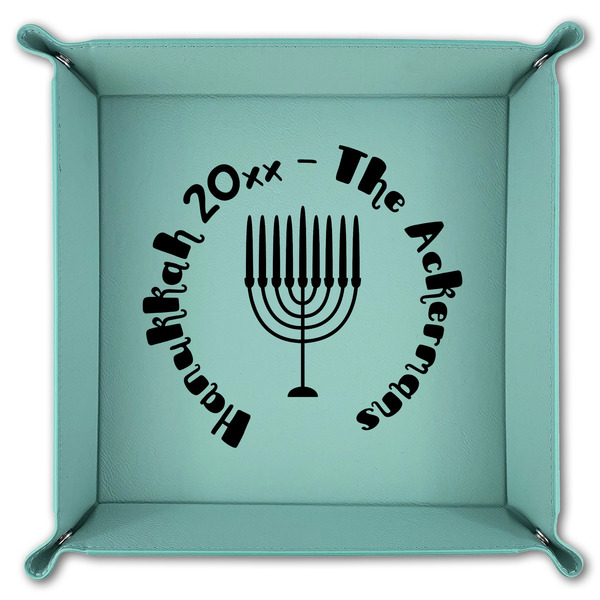 Hanukkah 9" x 9" Teal Leatherette Snap Up Tray - FOLDED
