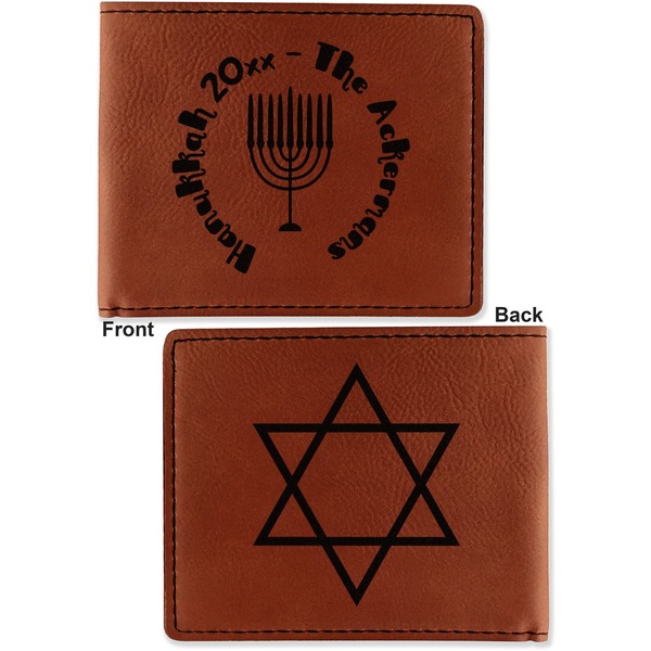 Hanukkah Cognac Leatherette Bifold Wallets - Front and Back
